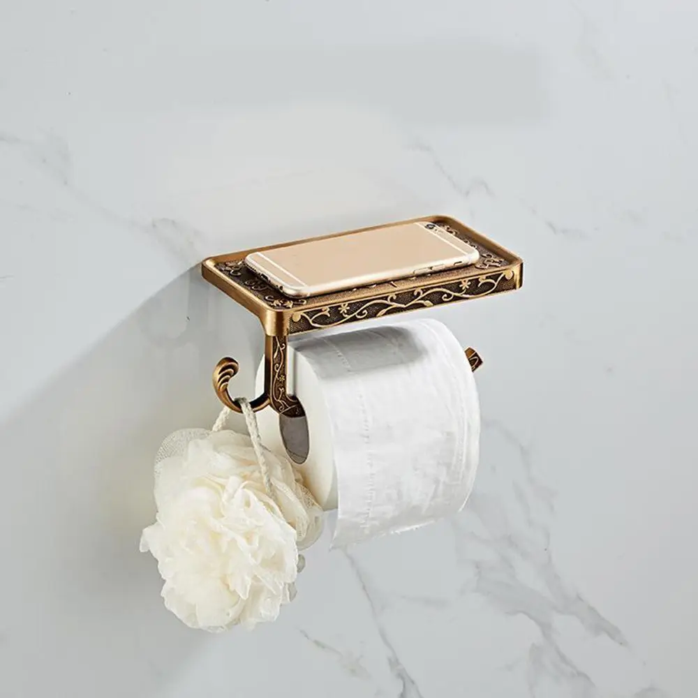 Antique Bronze Carving Bath Decor Shelves Bathroom Paper Towel Rack Roll Holder Toilet Shelf Tissue Boxes Mobile Phone Mount