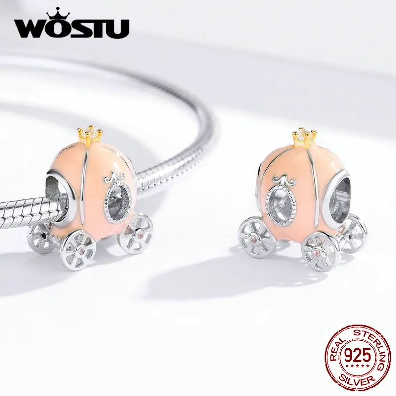 WOSTU, 925 пробы, серебряные, розовые бусины в виде тыквы, циркониевые амулеты, подходят к оригинальному браслету, кулон на Хэллоуин, модные ювелирные изделия FNC135