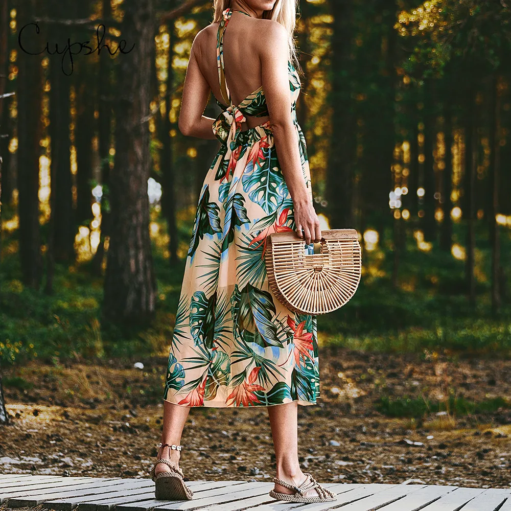 CUPSHE элегантное женское платье миди с v-образным вырезом на бретельках без рукавов пляжное платье с цветочным принтом Сарафан