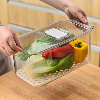 

2Pcs Refrigerator Storage Box Clear Fruit Vegetable Drain Containers with Lid Kitchen Fridge Organizer