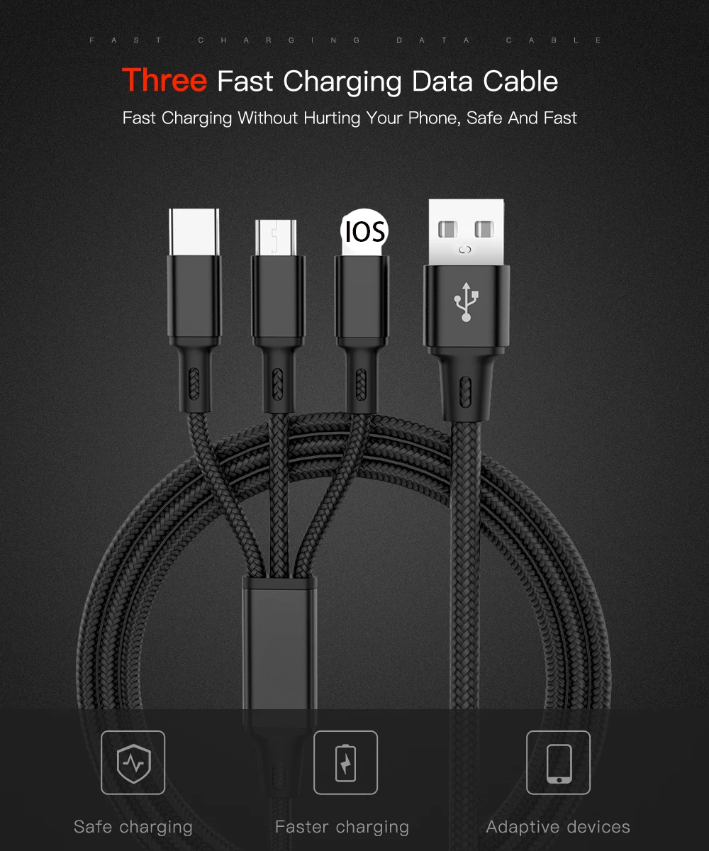 3 в 1 USB кабель для iPhone 11 7 samsung S9 S8 Xiaomi мульти Быстрая зарядка микро USB кабель usb type C кабели для мобильных телефонов