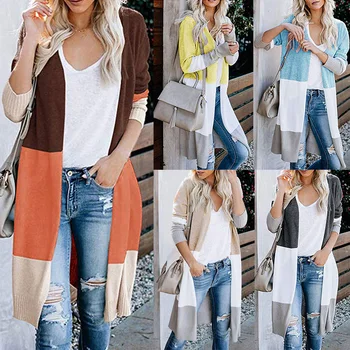

YIQIAO Knit Cardigan Jacket Ladies Stitching Long Contrasting Color Knitwear Women Office Loose Elegant Thick Long Jacket S-XXL
