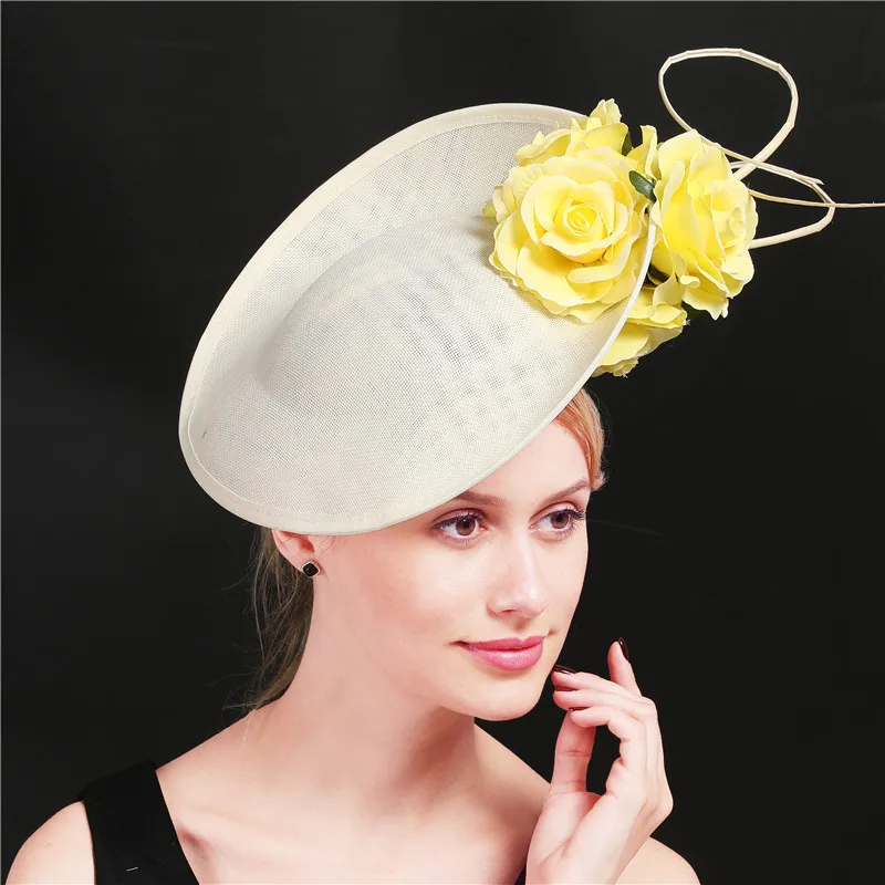 ivory and yellow Цвета слоновой кости с желтыми шляпки с цветами головной убор ручной работы имитация Sinamay элегантные дамы большой восхитительный головной убор аксессуары - Цвет: ivory and yellow