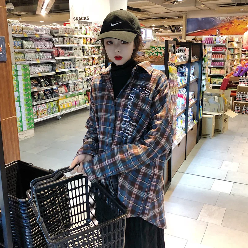 Япония Ulzzang Повседневная рубашка в клетку с лацканами и надписью женские рубашки леди каваи Винтаж Женский Панк Харадзюку туника для женщин топ Ins