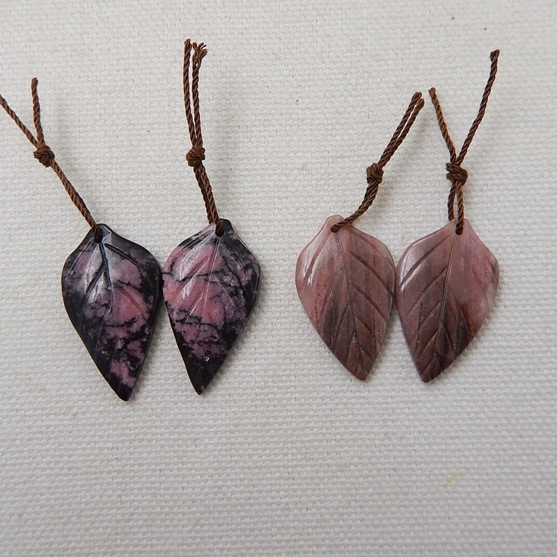 

2 Pairs Hot Sales Natural Stone Rhodonite Carved Leaves Gemstone Fashion Earring Bead 28x16x3mm 6.7g 27x16x4mm 5.1g