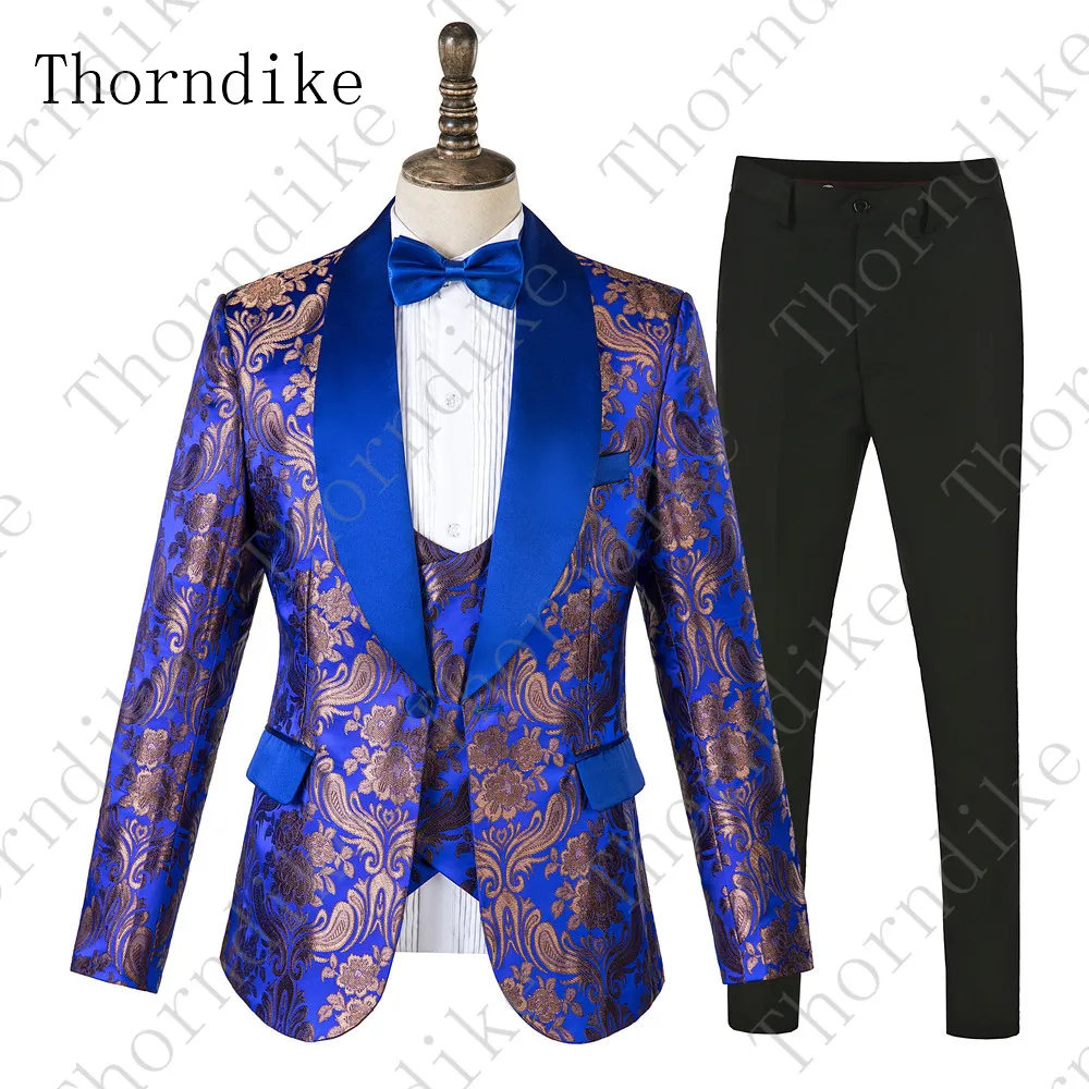 Thorndike, мужские костюмы с цветочным принтом, 3 предмета, смокинг с цветочным рисунком, пиджак, королевский синий сценический Свадебный костюм для мужчин(куртка+ жилет+ брюки