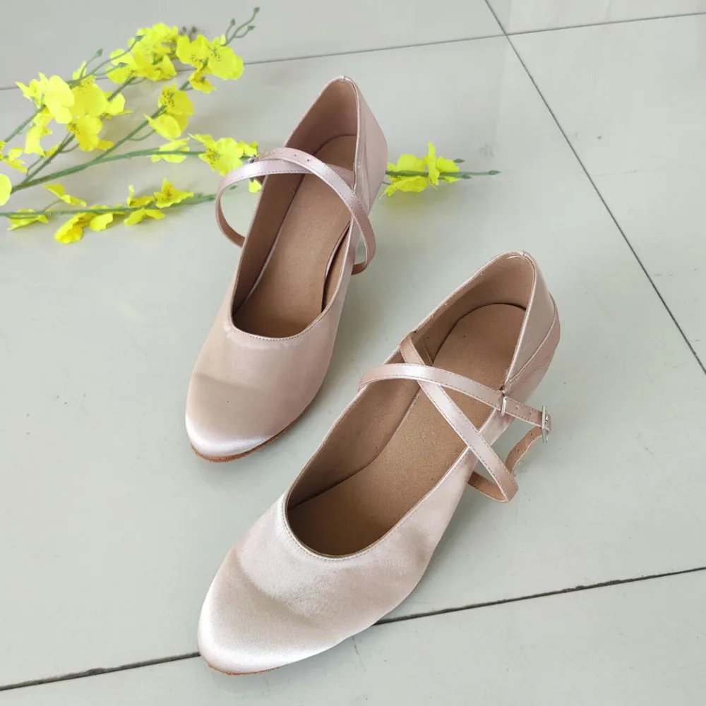 Evkoodance Brand Khaki Color Satin With Crystal Comfortable Woman Modern Ballroom Dance Shoes 7.3cm Heel Evkoo018 customize shoe 2