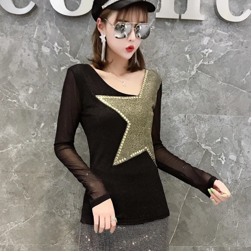 Black tshirt Модный Европейский блестящий топ для женщин; Новинка года; сезон осень-зима; Лоскутные сетчатые топы со звездами и бриллиантами; одежда; Camiseta Mujer; T98003 - Цвет: Black tshirt