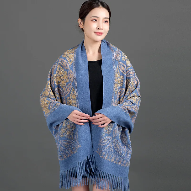 Autumn Winter New Cashmere Pashmina Scarves Female Warm Long Blanket Thick Shawls Travel All-match Gold Thread Embroider Wraps 4