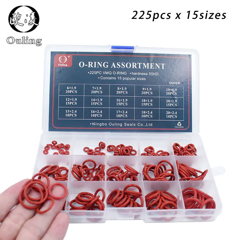 

225pcs O Rings Rubber Red Silicone O Ring Seal Sealing O-rings Silicon Washer Rubber oring set Assortment Kit Set Box Ring