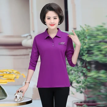 

Woman Spring Polo Shirt Red Navy Blue Purple Turn Down Collar Long Sleeve Cotton Tops Midldle Aged Women Casual Daily Tees 2020