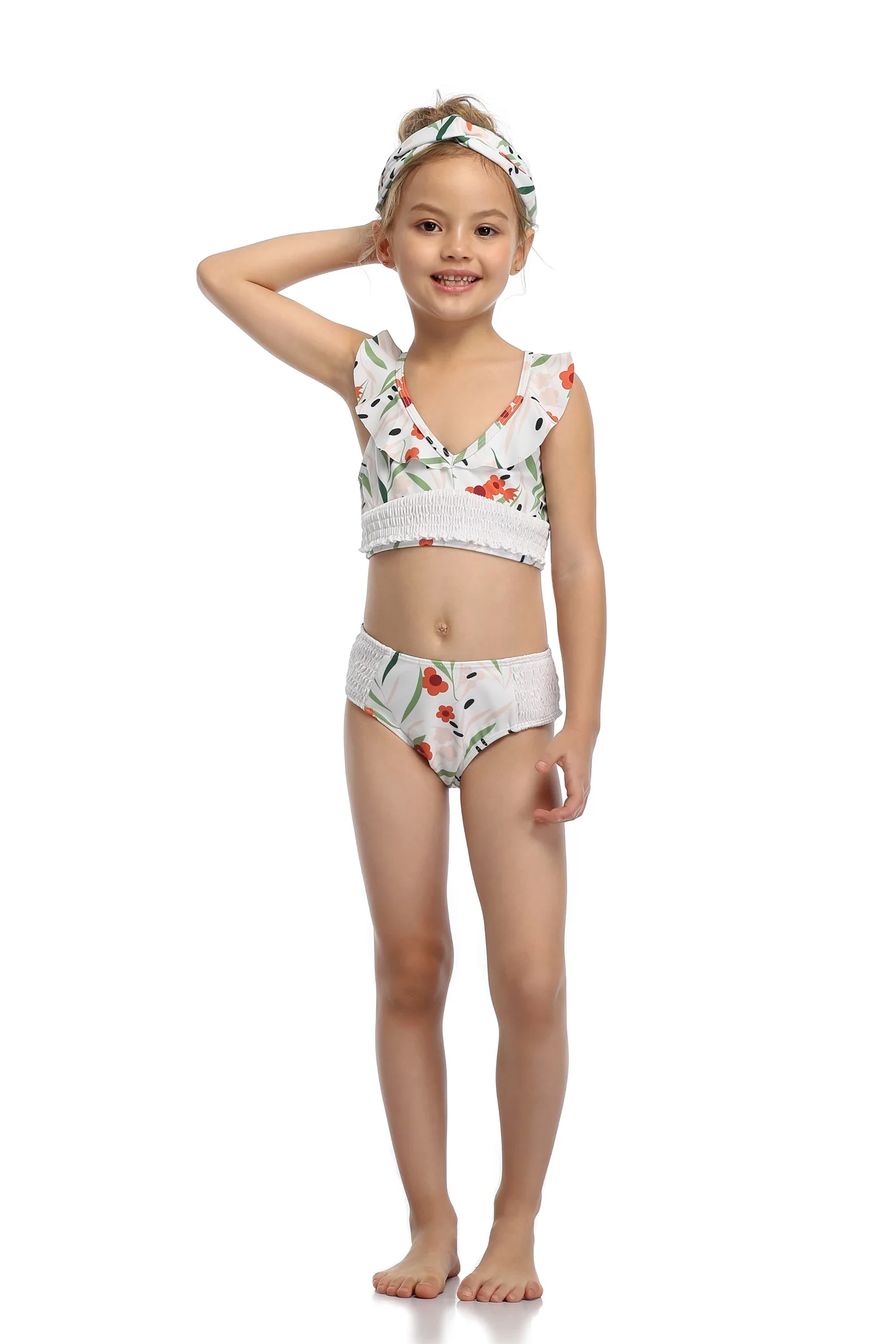 2-Piece Girl Swimsuit Floral Ruffled Swimwear White Beach Sport Bikini Set  Kids Bathing Suit Size100-160 for 2-9 Years