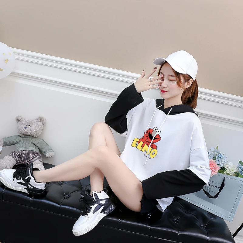 Kawaii Elmo толстовки с принтом для женщин осень зима женская уличная одежда с капюшоном в стиле хип-хоп мода Улица Сезам забавная Лоскутная Толстовка