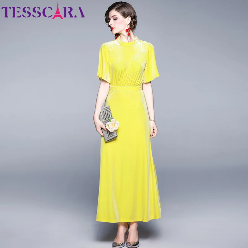 Yellow TESSCARA Women Autumn Winter Elegant Yellow Velvet Dress Festa Female Designer Vintage Cocktail Robe High Quality Party Vestidos - Цвет: Yellow