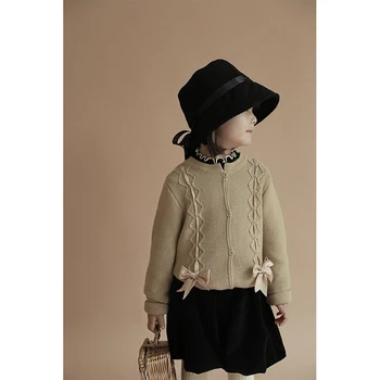

baby girl sweet bow knitted cardigan coat spring and autumn new children simple long sleeve top