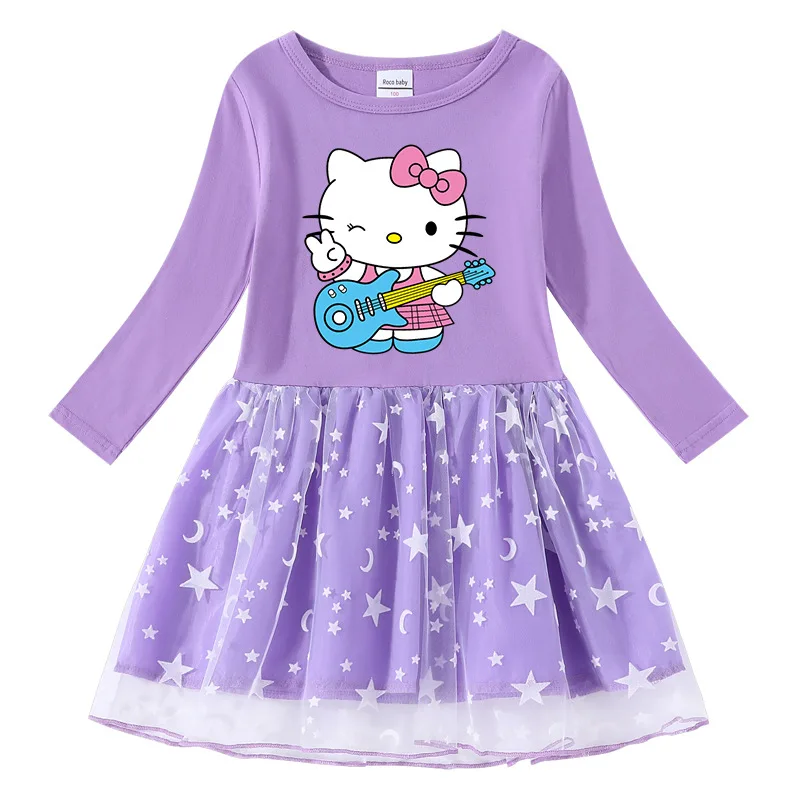 thumbnail image 1 of Hello Kitty lindo estampado de dibujos animados niños algodón moda plisada princesa vestido estrella Luna hilo neto manga larga casual niñas falda, 1 of 4