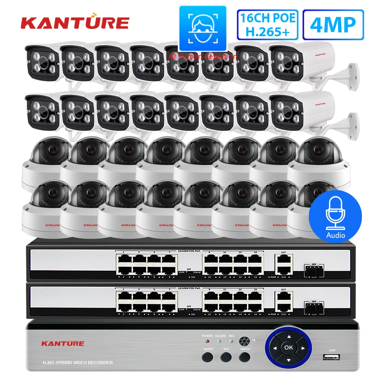 Комплект камер видеонаблюдения KANTURE H.265 + CCTV 32 канала 5 Мп 4K NVR 4 МП AI запись лица