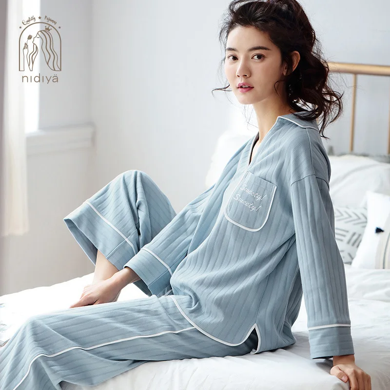 

2020 New Spring Striped Pajamas Women, Pure Cotton Long-Sleeved V-neck Pullover Simple Home Service Suit