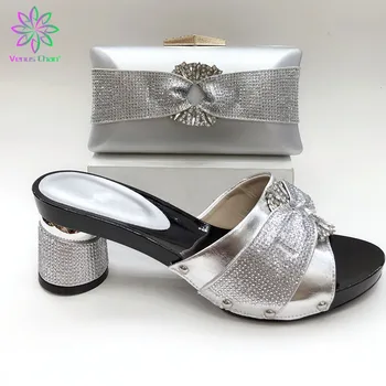 

2019 Newest Summer Silver Color Elegant Italian Shoes and Bag Matching Set New Fashion Design Women Pumps Crystal Shoes