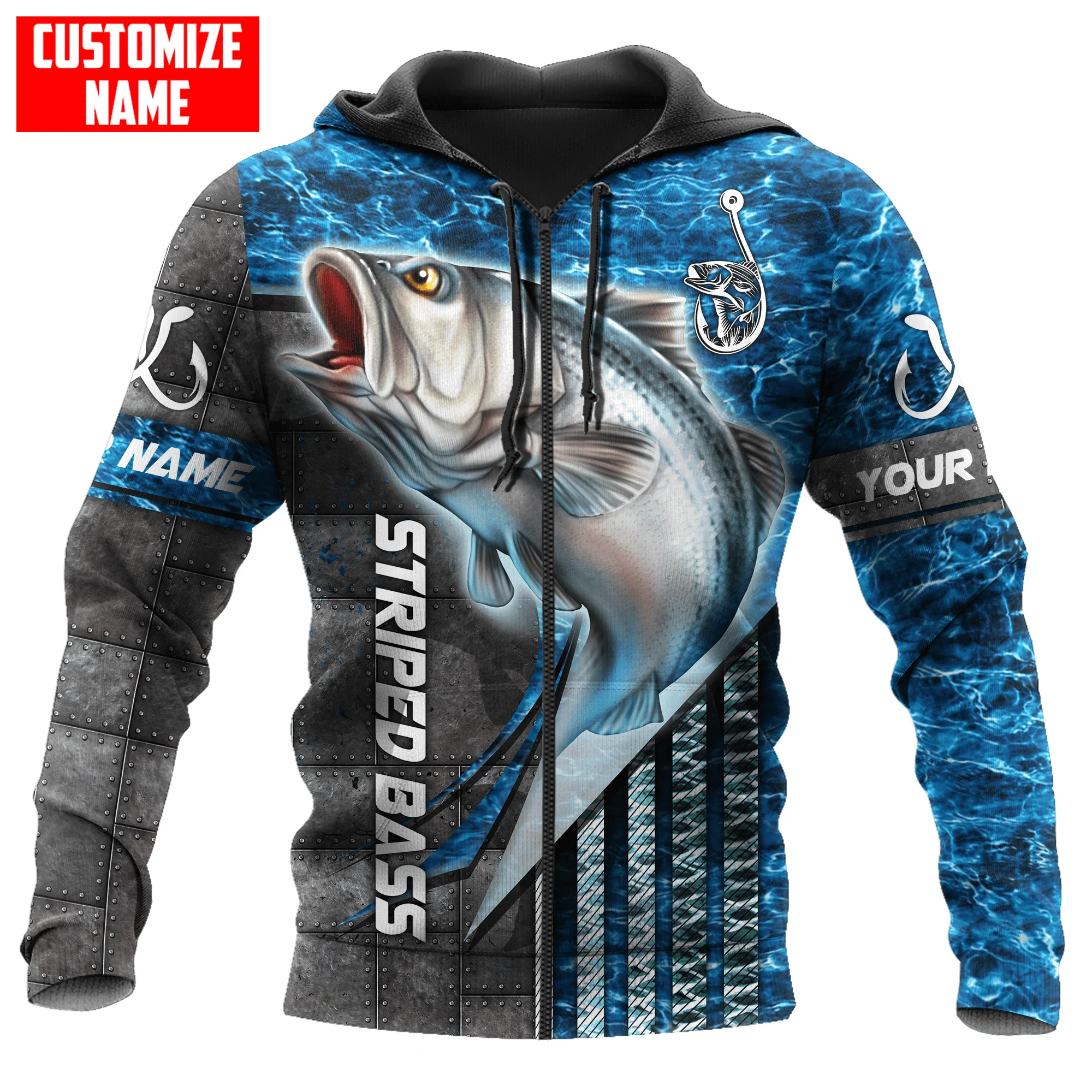 Custom Name Striped bass Fishing 3D All Over Printed Men's Hoodie & Sweatshirt Autumn Unisex Zip Hoodie Casual sportswear KJ838