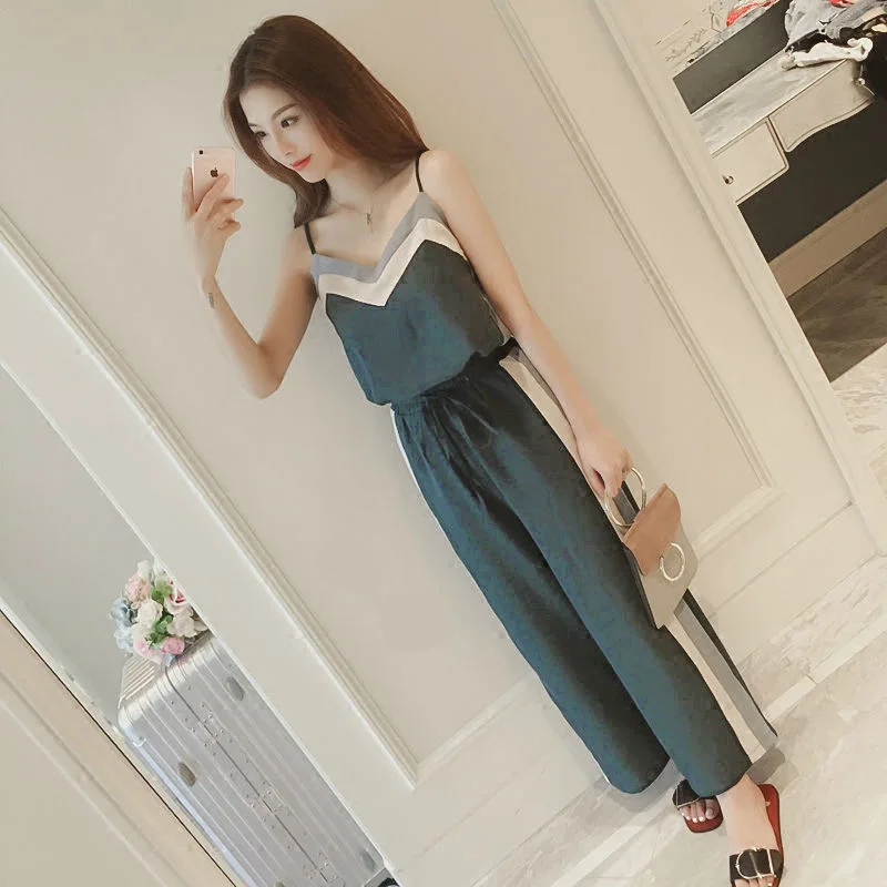 

Summer New Style Elegant V-neck Camisole Onesie Chiffon Casual Pants High-waisted Jumpsuit Trousers Loose Pants
