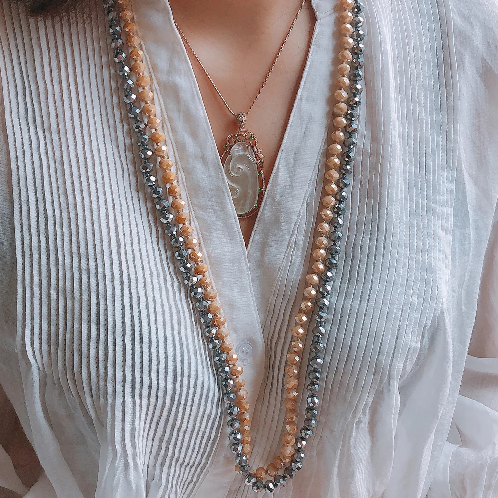 Fashion Jewelry Women Necklace Faceted Crystal Beads Knotted Long Necklace Gifts - 3