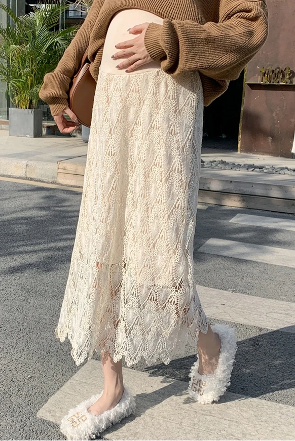 8524# Spring Autumn Chic Lace Maternity Skirts High Waist Adjustable Belly Clothes for Pregnant Women Korean Pregnancy