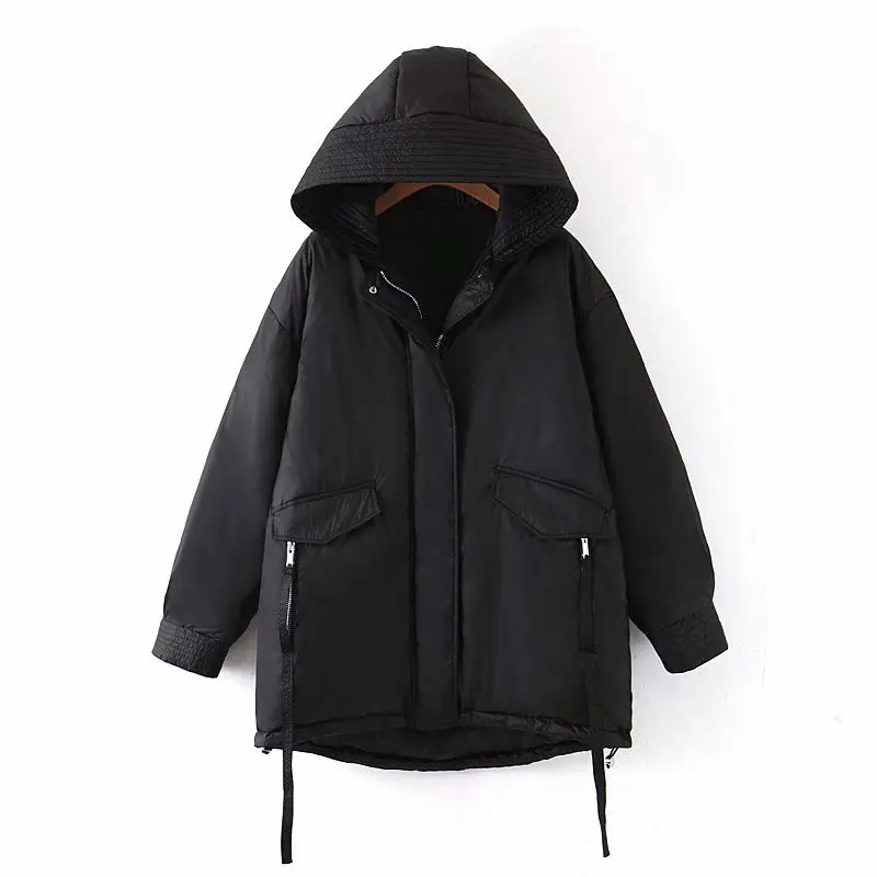 ZA модная зимняя куртка, Женское пальто, новинка, черная куртка с капюшоном и длинным рукавом, повседневная плотная теплая одежда на молнии, уличная одежда - Цвет: 1