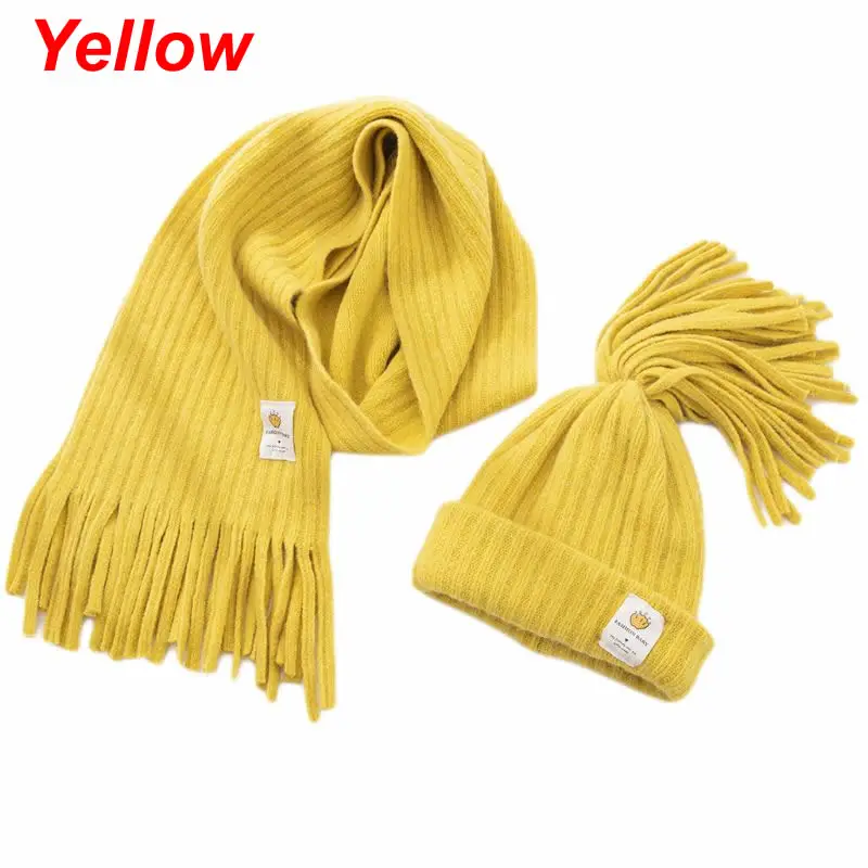 Yellow Комплект из шапки и шарфа с бахромой для маленьких детей; вязаная шапка для мальчиков и девочек; теплые зимние шапки и шарфы - Цвет: Yellow