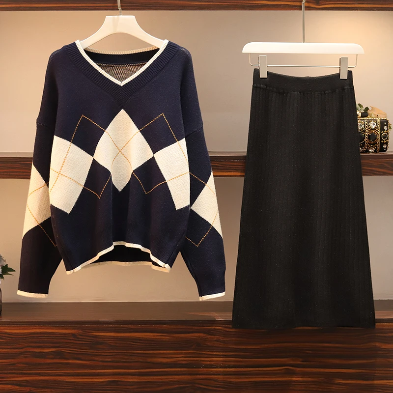 Женские комплекты одежды, новинка, черный топ и юбка, наряды размера плюс, одежда для отдыха, зимний комплект из двух частей с юбкой