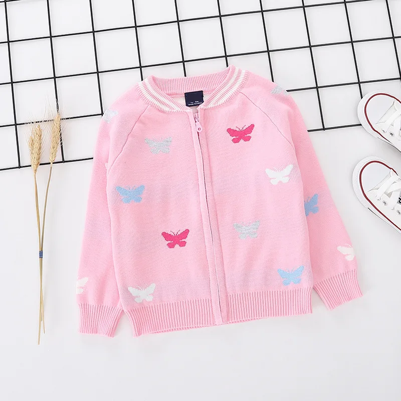 Pink Детский свитер с героями мультфильмов осень-зима г.; вязаные свитера с длинными рукавами на молнии для девочек с бабочками милые красные вязаные жакеты для девочек - Цвет: Pink
