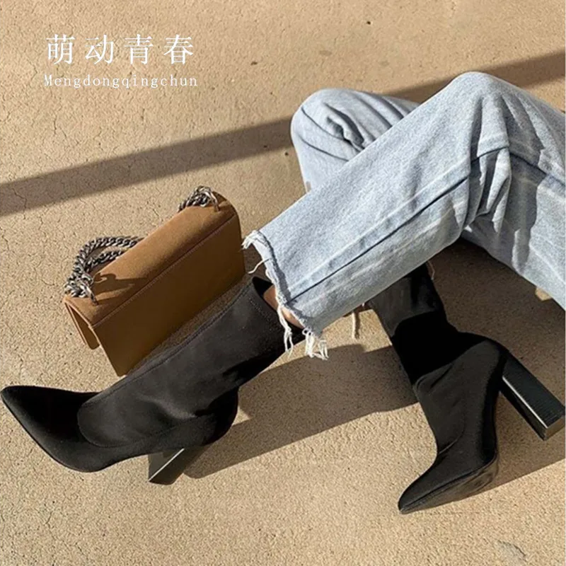 

Pointed Toe Women Ankle Boots Thick Heels Stretch Fabric Black Winter Boots Mujer Slim Thight Ladies Party Boots Women Size 42