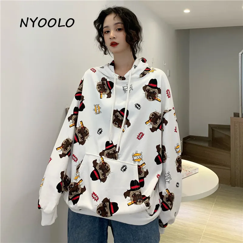 NYOOLO Harajuku стиль мультфильм собака печати Свободные толстовки осень уличная одежда с длинным рукавом капюшоном пуловеры толстовка женская ткань топ