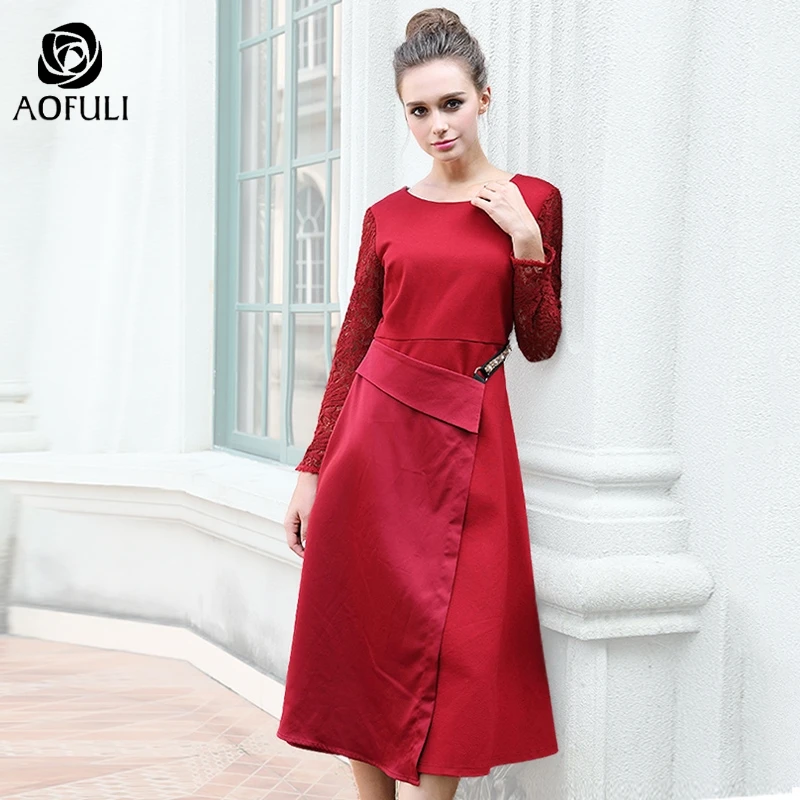 

M~ 4XL Plus Size Autumn Winter Asymmetrical Long Dress Brand Floral Lace Sleeve Midi Dress Mid-calf Length AOFULI B6179