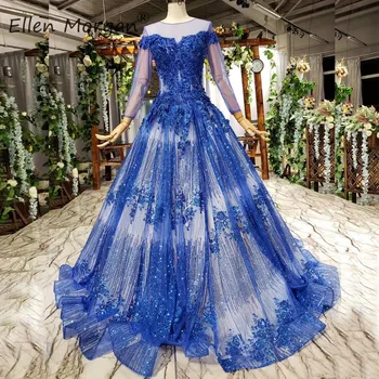 

Royal Blue Glitter Lace Evening Dresses Long Sleeves 2020 Vintage Boat Neck Appliques Beaded Sequins Illusion Party Ball Gowns