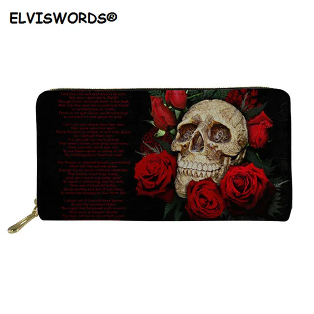 ELVISWORDS, череп с розами, длинные женские кошельки, темно-Готическая Женская сумочка, роскошные кожаные женские вечерние кошельки, f чехол для телефона - Цвет: HMH10010Z21