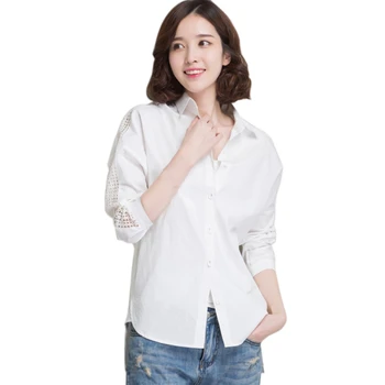 

2XL white Shirt Elegant Hollow Out Patchwork Womens Tops Blouses Office Lady Turn-Down Collar Shirt Long Sleeves Cotton Blouse