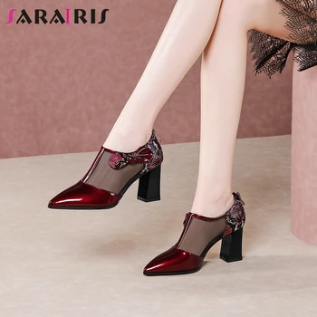 

SARAIRIS Office Breathable Mesh Pumps Women High Heels Pumps Ladies Ol Summer Fashion Patent Leather Shoes