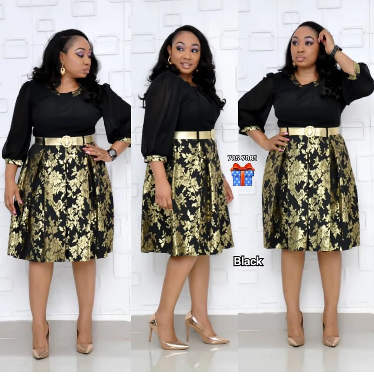 Cross-Border Sales of Small Floral Bronzing Upscale xue fang xiu Waist Hugging a-Style Hemline with Golden Large Waistband Dress