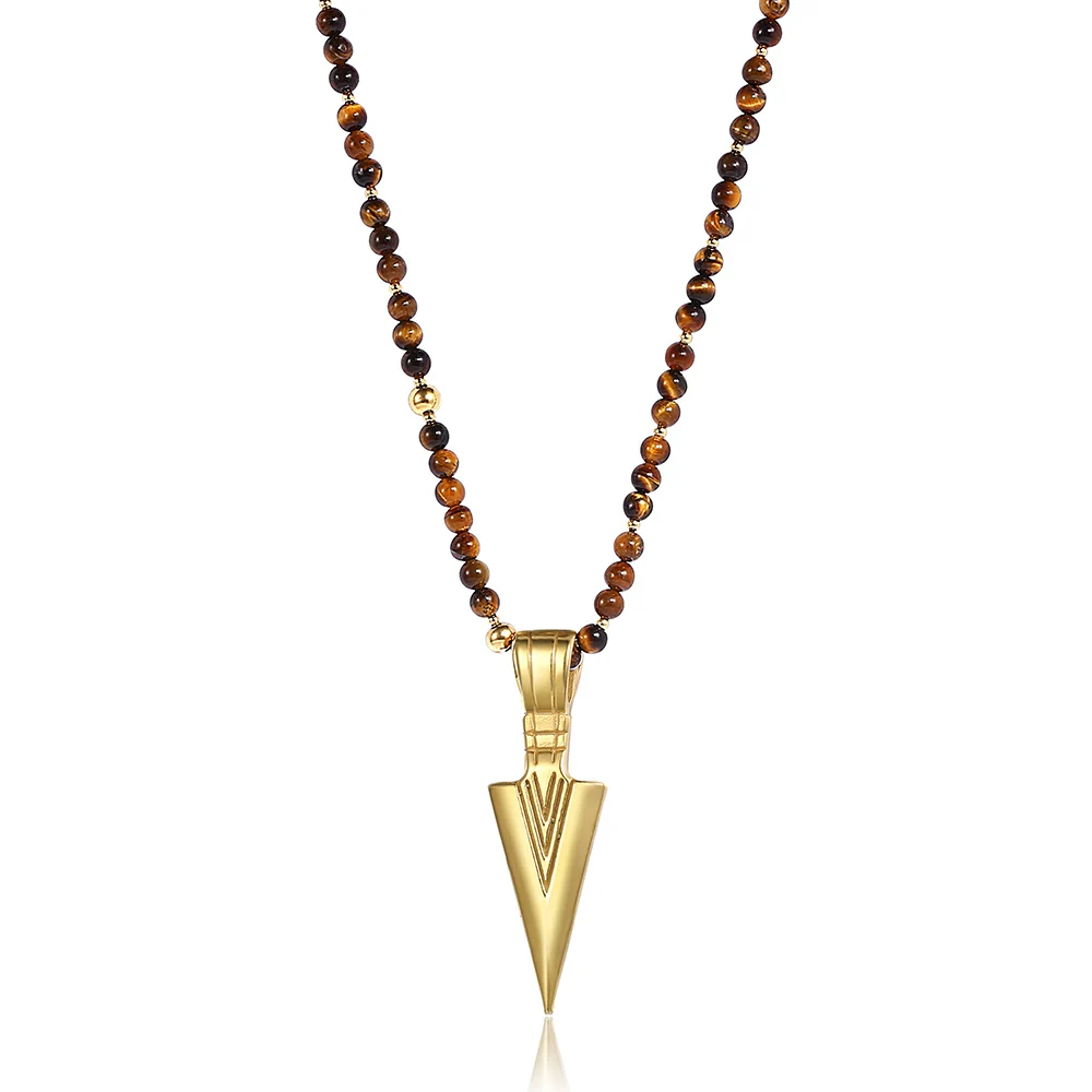 Уникальный Мужской Neckalcek 4 мм Длинный тигр глаз камень бисером золотой цвет стрела из нержавеющей стали кулон ожерелье мужские ювелирные изделия DN121