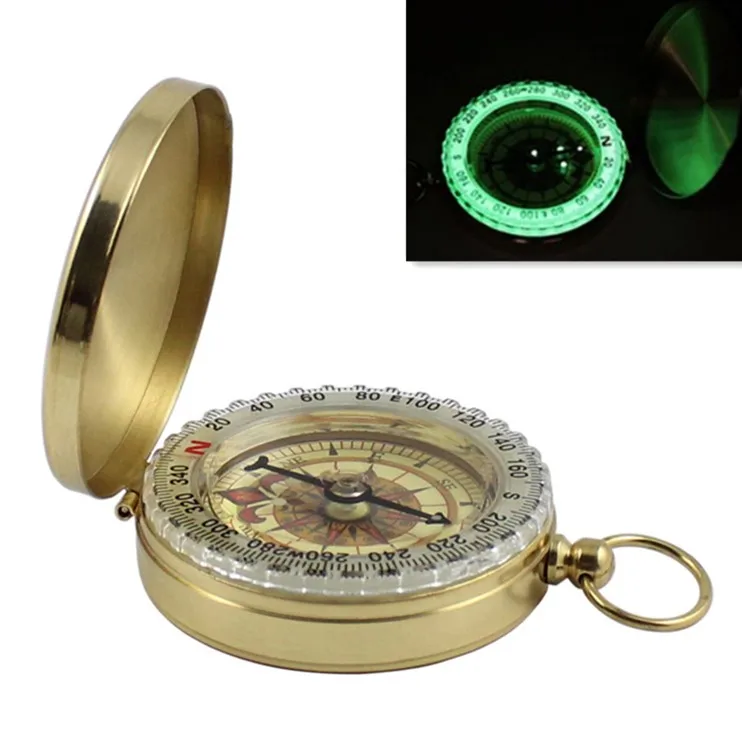 

New Outdoor Camping Hiking Portable Pocket Brass Gold Color Copper Compass Navigation with Noctilucence Display