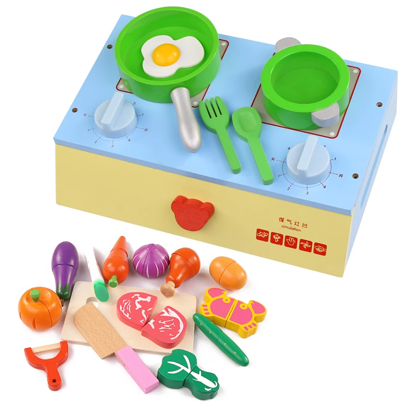 Kids Kitchen Cooking Game Toy Simulation Wooden Stove Tableware Food Sets Cutting Fruit