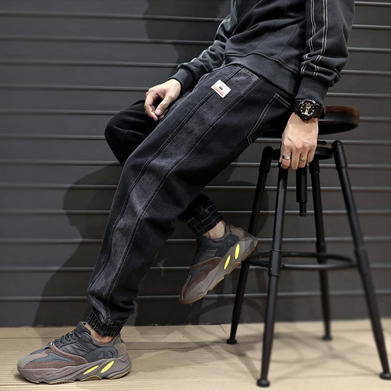 Fashion Streetwear Men Jeans Loose Fit Side Stripe Spliced Cargo Pants Harem Jeans Size 28 42 5