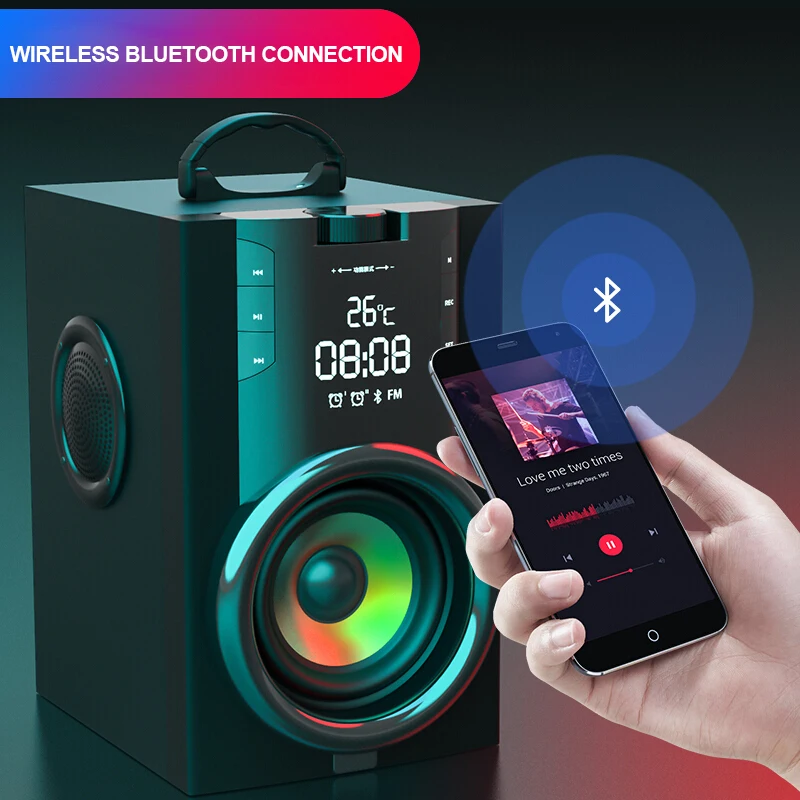 SOAIY Q32 открытый динамик Bluetooth пульт беспроводной активный 3D Сад Пикник микрофон для вечеринки часы светодиодный дисплей FM сабвуфер