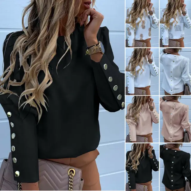 2020 Work Wear Women Blouses Long Sleeve Back Metal Buttons Shirt Casual O Neck Printed Plus