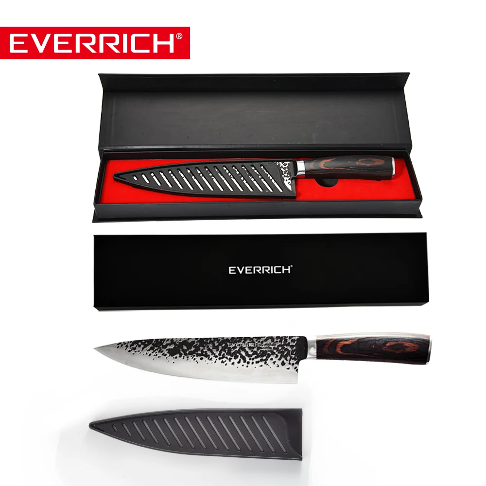 Everrich Профессиональный 8-дюймовый поварский Ножи Кухня Ножи черный ударов узор клинок японский 5CR15MOV с высоким содержанием углерода шеф-повара Ножи