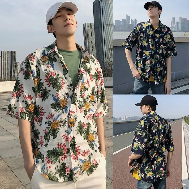 Men Fashion Summer Shirts Leaves Flower Pineapple Print Loose Short Sleeve Shirt Male Hawaiian Style Beach Shirt x