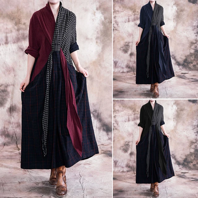 US $17.06 Vintage Patchwork Check Dress Women's Autumn Sundress ZANZEA 2020 Casual V Neck Asymmetrical Maxi V
