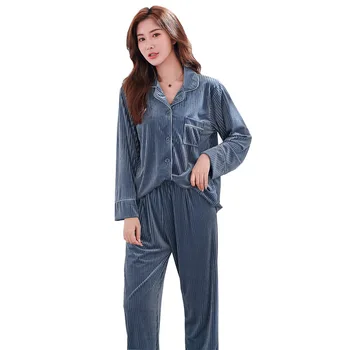 

Spring Autumn Women Sleep Pajama Sets Gold Velvet Full Sleeve Length Striped Sleepwear Home Casual Polyester Nightwear Cardigan