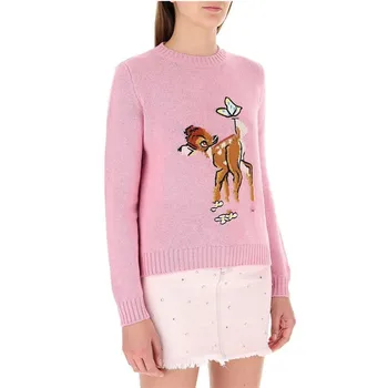 

Cute Women O neck Knitted Sweater 2020 Spring Runway Designer Cartoon Deer Pattern PUllover Pink Sweaters Z009